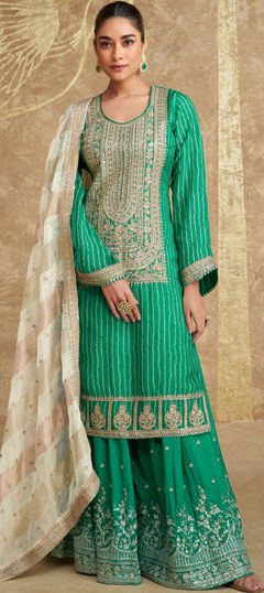 Festive, Party Wear, Wedding Green color Salwar Kameez in Silk fabric with Palazzo, Straight Embroidered, Sequence, Thread work : 1974655