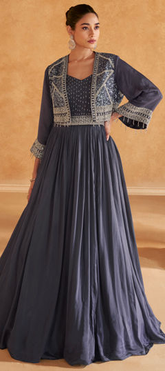 Festive, Party Wear Blue color Gown in Silk fabric with Embroidered, Sequence, Thread work : 1974659