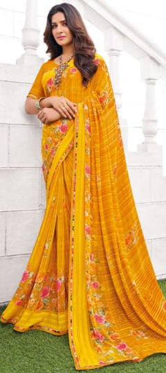 Casual Yellow color Saree in Georgette fabric with Classic Floral, Printed work : 1974672