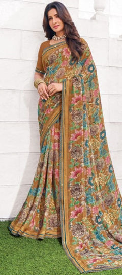 Casual Beige and Brown color Saree in Georgette fabric with Classic Floral, Printed work : 1974675