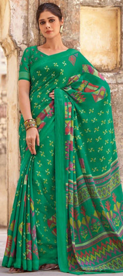 Festive, Traditional Green color Saree in Satin Silk fabric with South Printed work : 1974690