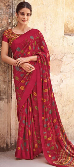 Festive, Traditional Red and Maroon color Saree in Satin Silk fabric with South Printed work : 1974691