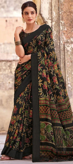 Festive, Traditional Black and Grey color Saree in Satin Silk fabric with South Printed work : 1974692