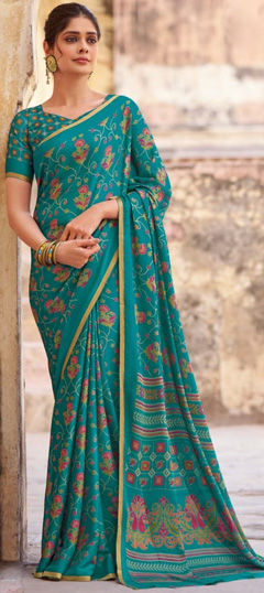 Festive, Traditional Blue color Saree in Satin Silk fabric with South Printed work : 1974693