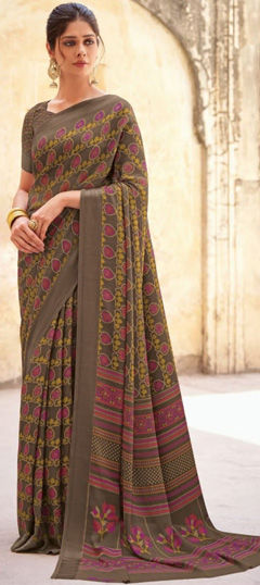 Festive, Traditional Beige and Brown color Saree in Satin Silk fabric with South Printed work : 1974694