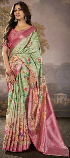 Beige and Brown, Green color Saree in Silk cotton fabric with Floral, Printed, Weaving work