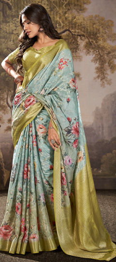 Festive, Reception, Traditional Blue color Saree in Silk cotton fabric with Bengali Floral, Printed, Weaving work : 1974703