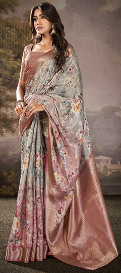 Black and Grey, Pink and Majenta color Saree in Silk cotton fabric with Floral, Printed, Weaving work