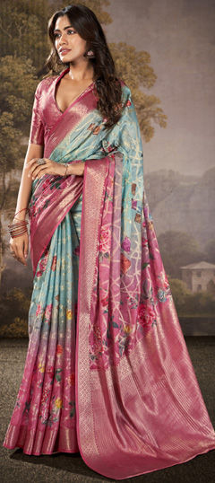 Festive, Reception, Wedding Blue, Pink and Majenta color Saree in Silk cotton fabric with Bengali Floral, Printed, Weaving work : 1974705