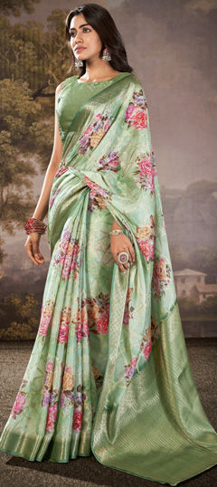 Festive, Reception, Traditional Green color Saree in Silk cotton fabric with Bengali Floral, Printed, Weaving work : 1974706