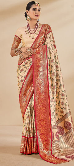 Festive, Traditional Beige and Brown, Red and Maroon color Saree in Tissue fabric with South Printed, Weaving work : 1974709