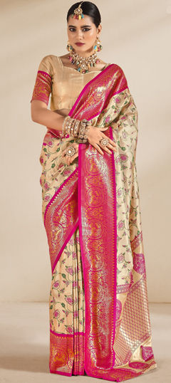 Festive, Traditional Beige and Brown, Pink and Majenta color Saree in Tissue fabric with South Printed, Weaving work : 1974711