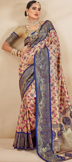 Festive, Traditional Beige and Brown, Blue color Saree in Tissue fabric with South Printed, Weaving work : 1974712