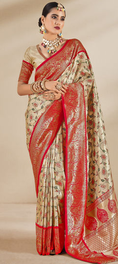 Beige and Brown, Red and Maroon color Saree in Tissue fabric with Printed, Weaving work