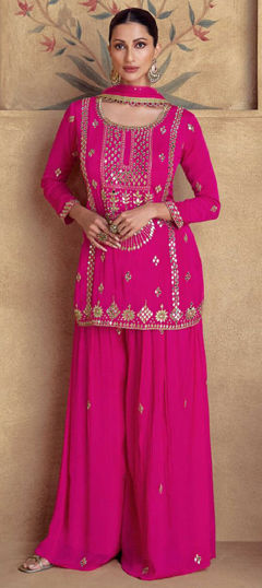 Bollywood Pink and Majenta color Salwar Kameez in Silk fabric with Palazzo, Straight Embroidered, Sequence, Thread work : 1974724