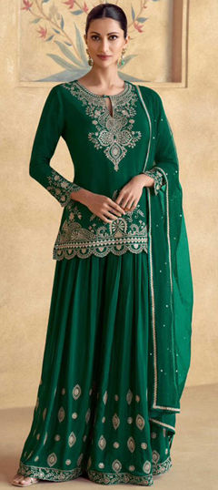 Bollywood Green color Salwar Kameez in Silk fabric with Palazzo, Straight Embroidered, Sequence, Thread work : 1974725