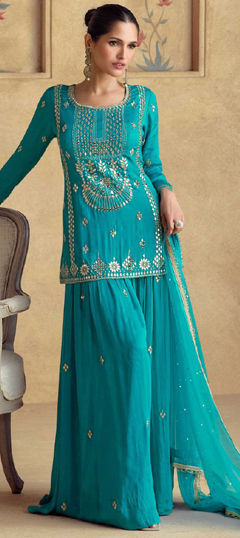 Bollywood Blue color Salwar Kameez in Silk fabric with Palazzo, Straight Embroidered, Sequence, Thread work : 1974734