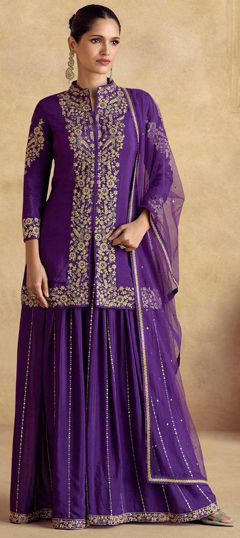 Bollywood Purple and Violet color Salwar Kameez in Silk fabric with Palazzo, Straight Embroidered, Sequence, Thread work : 1974735