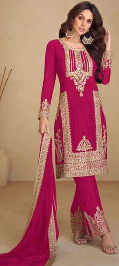 Bollywood Pink and Majenta color Salwar Kameez in Silk fabric with Straight Embroidered, Sequence, Thread work : 1974745