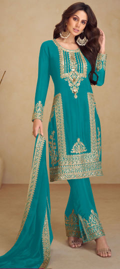 Bollywood Blue color Salwar Kameez in Silk fabric with Straight Embroidered, Sequence, Thread work : 1974746