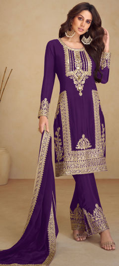 Bollywood Purple and Violet color Salwar Kameez in Silk fabric with Straight Embroidered, Sequence, Thread work : 1974747