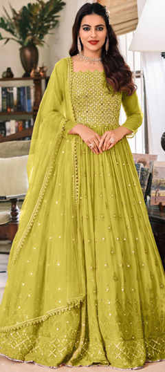 Engagement, Mehendi Sangeet, Wedding Green color Salwar Kameez in Georgette fabric with Anarkali Embroidered, Resham, Thread work : 1974749