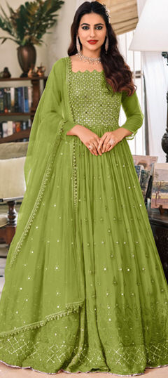 Engagement, Mehendi Sangeet, Wedding Green color Salwar Kameez in Georgette fabric with Anarkali Embroidered, Resham, Thread work : 1974750