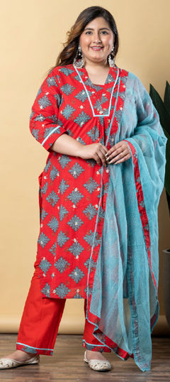 Red and Maroon color Salwar Kameez in Cotton fabric with Cut Dana, Printed, Sequence work