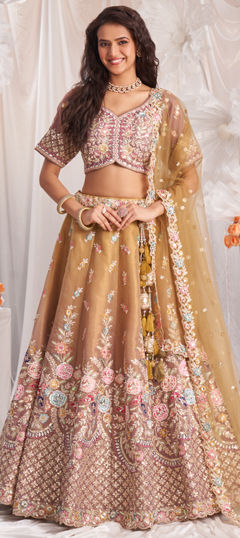 Bridal, Wedding Gold color Lehenga in Tissue fabric with Flared Bugle Beads, Cut Dana, Embroidered, Gota Patti, Sequence work : 1974756