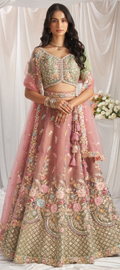 Bridal, Wedding Green, Pink and Majenta color Lehenga in Tissue fabric with Flared Bugle Beads, Cut Dana, Embroidered, Gota Patti, Sequence work : 1974757