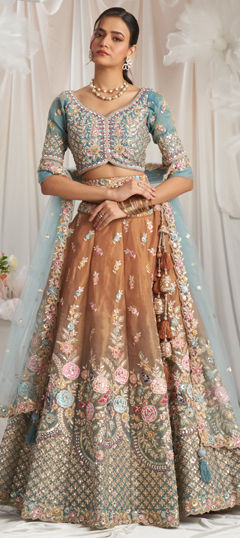 Bridal, Wedding Beige and Brown, Blue color Lehenga in Tissue fabric with Flared Bugle Beads, Cut Dana, Embroidered, Gota Patti, Sequence work : 1974758