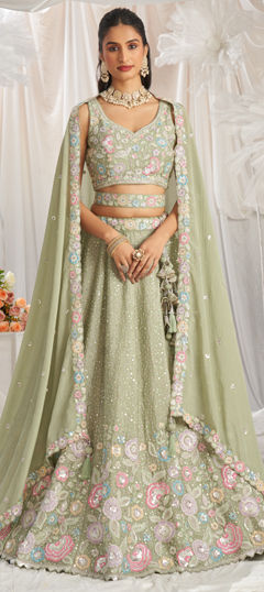 Bridal, Wedding Green color Lehenga in Chiffon fabric with Flared Bugle Beads, Embroidered, Sequence, Thread work : 1974759