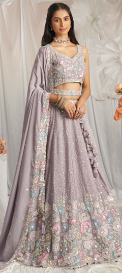 Purple and Violet color Lehenga in Chiffon fabric with Bugle Beads, Embroidered, Sequence, Thread work