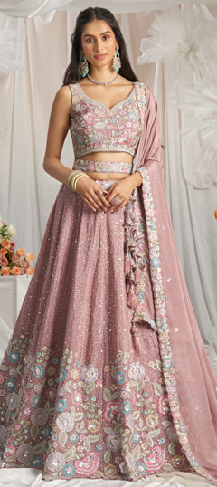 Pink and Majenta color Lehenga in Chiffon fabric with Bugle Beads, Cut Dana, Embroidered, Sequence work