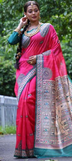 Pink and Majenta color Saree in Tussar Silk fabric with Printed work