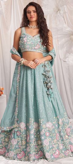 Blue color Lehenga in Chiffon fabric with Bugle Beads, Cut Dana, Embroidered, Sequence work