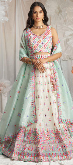 White and Off White color Lehenga in Organza Silk fabric with Bugle Beads, Cut Dana, Embroidered, Mirror, Sequence work