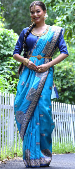 Blue color Saree in Tussar Silk fabric with Printed work