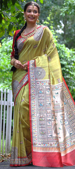 Yellow color Saree in Tussar Silk fabric with Printed work