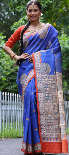 Purple and Violet color Saree in Tussar Silk fabric with Printed work