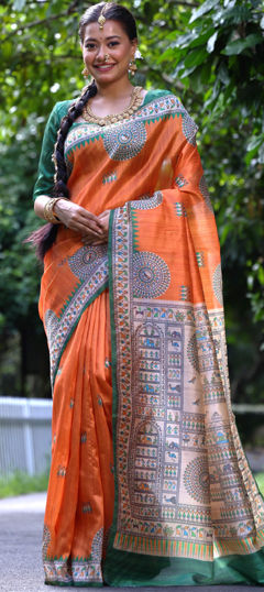 Orange color Saree in Tussar Silk fabric with Printed work