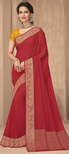 Festive, Party Wear, Traditional Red and Maroon color Saree in Silk fabric with South Weaving work : 1974774