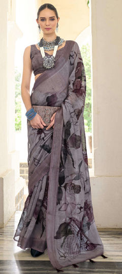 Purple and Violet color Saree in Silk fabric with Bugle Beads, Floral, Printed work