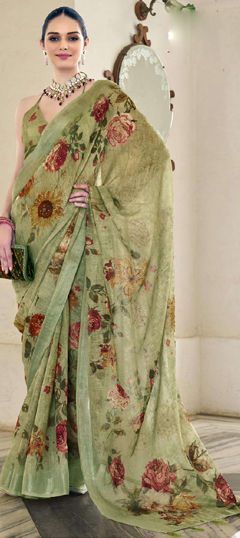 Green color Saree in Silk fabric with Bugle Beads, Floral, Printed work