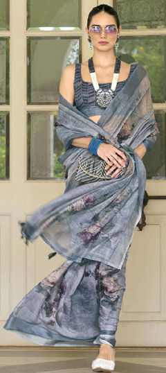 Black and Grey color Saree in Silk fabric with Bugle Beads, Floral, Printed work