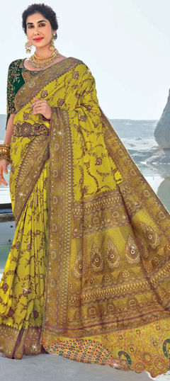 Bridal, Wedding Yellow color Saree in Silk fabric with South Border, Printed, Weaving work : 1974794