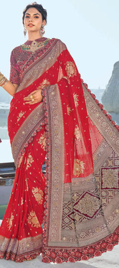 Bridal, Wedding Red and Maroon color Saree in Silk fabric with South Border, Printed, Weaving work : 1974795