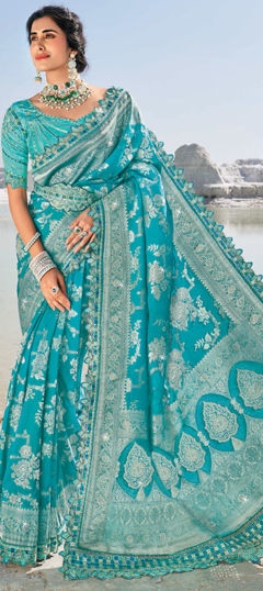 Bridal, Wedding Blue color Saree in Silk fabric with South Border, Printed, Weaving work : 1974796