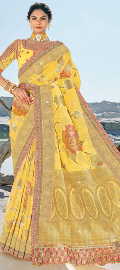 Bridal, Wedding Yellow color Saree in Silk fabric with South Border, Printed, Weaving work : 1974797