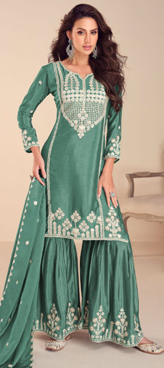 Bollywood Green color Salwar Kameez in Silk fabric with Sharara, Straight Embroidered, Moti, Thread work : 1974828